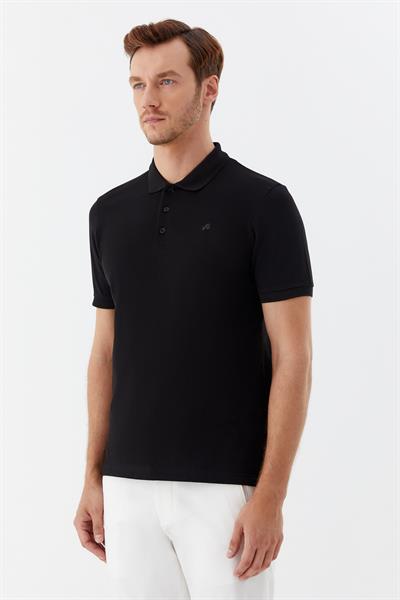 Erkek Siyah Normal Kesim Regular Fit %100 Pamuk Örme Düğmeli Polo Yaka Tişört