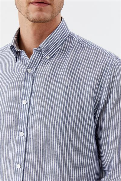 Erkek İndigo Çizgili Düğmeli Yaka %100 Keten Regular Fit Uzun Kollu Gömlek