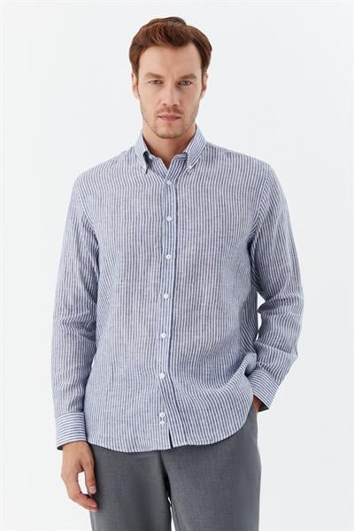 Erkek İndigo Çizgili Düğmeli Yaka %100 Keten Regular Fit Uzun Kollu Gömlek