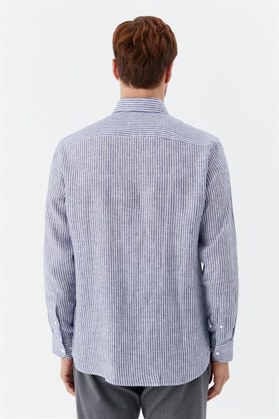 Erkek İndigo Çizgili Düğmeli Yaka %100 Keten Regular Fit Uzun Kollu Gömlek