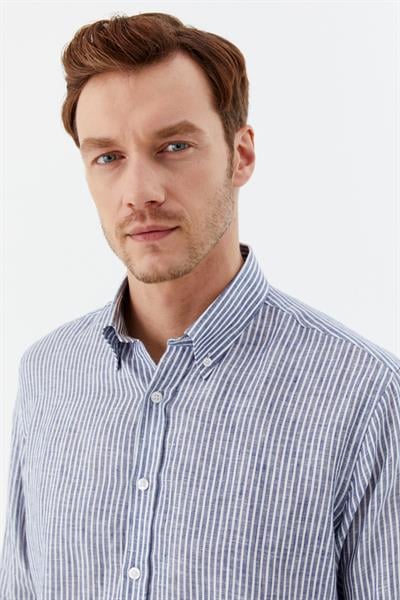 Erkek İndigo Çizgili Düğmeli Yaka %100 Keten Regular Fit Uzun Kollu Gömlek