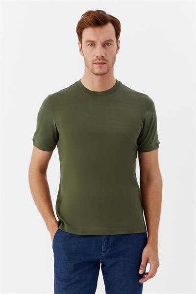 Desenli Bisiklet Yaka Erkek T-Shirt Haki