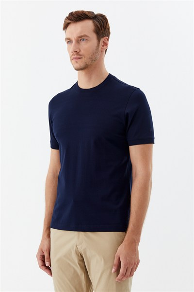 Desenli Bisiklet Yaka Erkek T-Shirt Lacivert