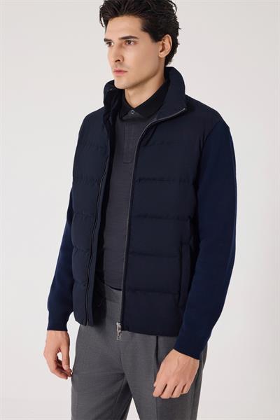 Lacivert Regular Fit Dik Yaka Yün Karışımlı Triko Mont