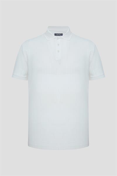 Düğmeli Jakar Desenli Polo Yaka Erkek T-Shirt Beyaz