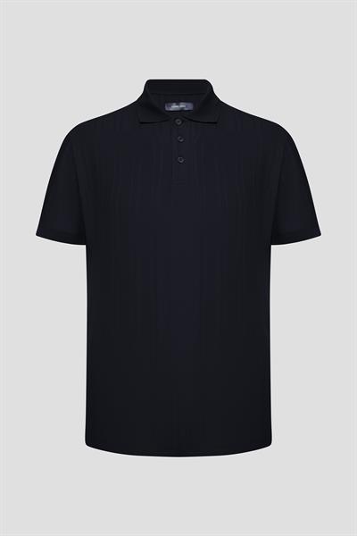Düğmeli Jakar Desenli Polo Yaka Erkek T-Shirt Siyah