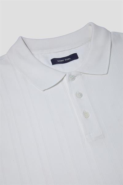 Düğmeli Jakar Desenli Polo Yaka Erkek T-Shirt Beyaz