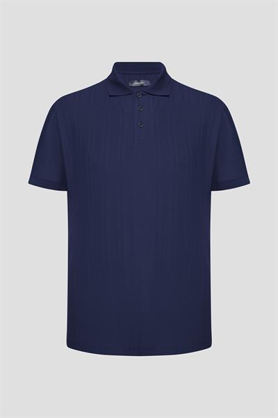 Düğmeli Jakar Desenli Polo Yaka Erkek T-Shirt Lacivert