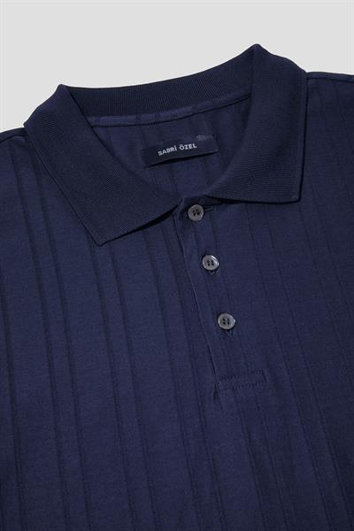 Düğmeli Jakar Desenli Polo Yaka Erkek T-Shirt Lacivert