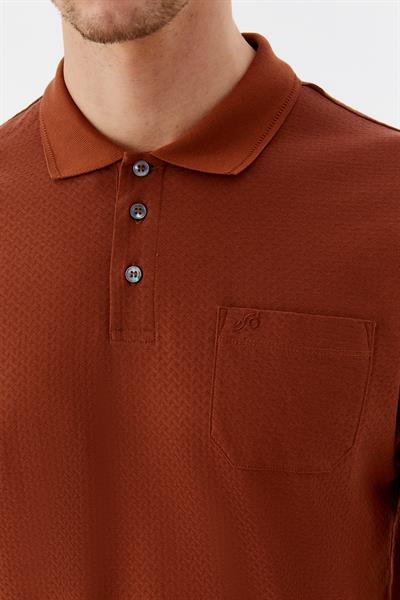 Düğmeli Polo Yaka Desenli Erkek T-Shirt Tarçın