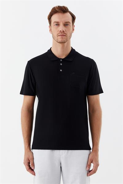 Düğmeli Polo Yaka Desenli Erkek T-Shirt Siyah