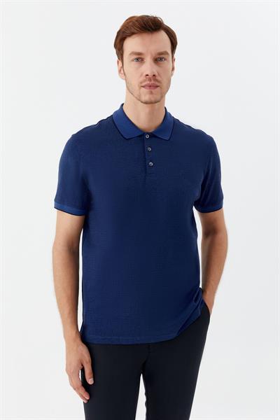 Düğmeli Polo Yaka Desenli Erkek T-Shirt İndigo