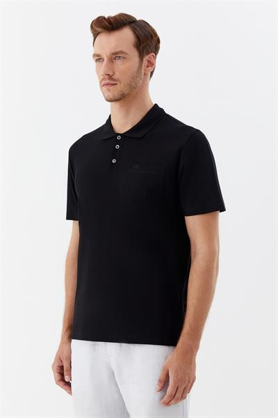 Düğmeli Polo Yaka Desenli Erkek T-Shirt Siyah