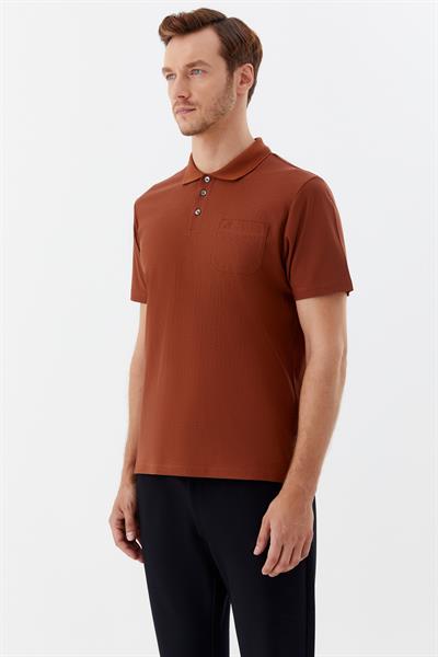 Düğmeli Polo Yaka Desenli Erkek T-Shirt Tarçın