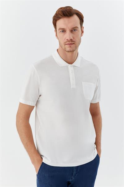 Düğmeli Polo Yaka Desenli Erkek T-Shirt Beyaz