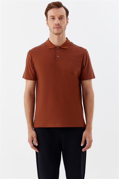 Düğmeli Polo Yaka Desenli Erkek T-Shirt Tarçın
