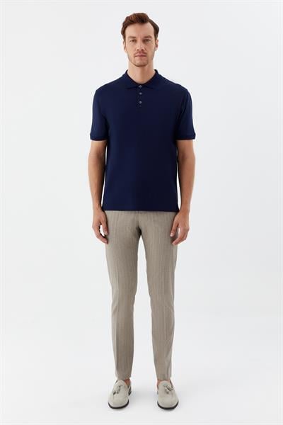 Erkek Lacivert Dar Kesim Slim Fit %100 Pamuk Dokuma Düğmeli Polo Yaka Tişört