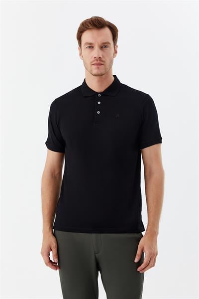 Erkek Siyah Dar Kesim Slim Fit %100 Pamuk Dokuma Düğmeli Polo Yaka T-Shirt