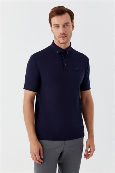 Erkek Lacivert Dar Kesim Slim Fit %100 Pamuk Düğmeli Polo Yaka Tişört