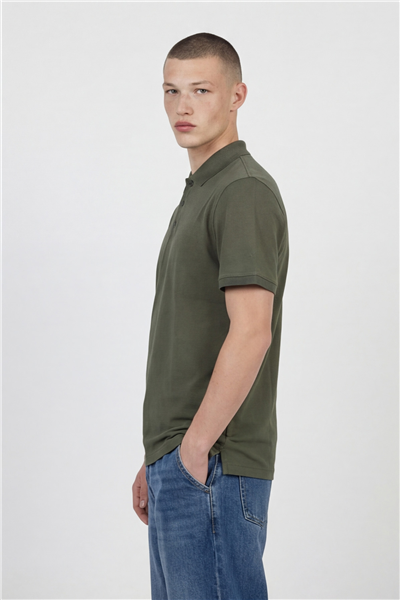 Erkek Haki Dar Kesim Slim Fit %100 Pamuk Kısa Kollu Düğmeli Polo Yaka Tişört