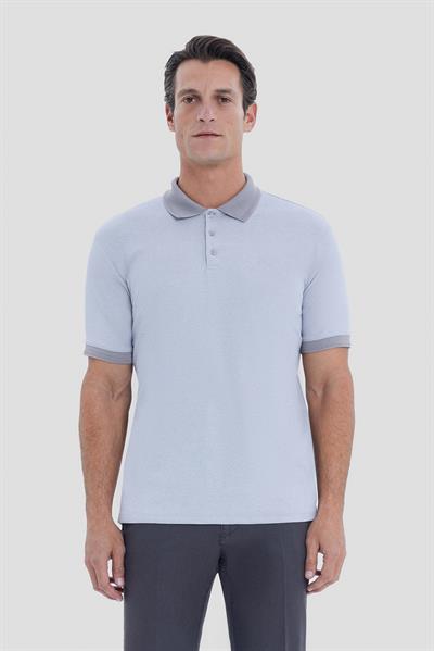 Gri Regular Fit Polo Yaka Erkek Tişört – Mikro Desenli