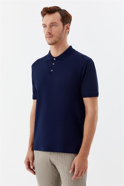 Erkek Lacivert Dar Kesim Slim Fit %100 Pamuk Dokuma Düğmeli Polo Yaka Tişört