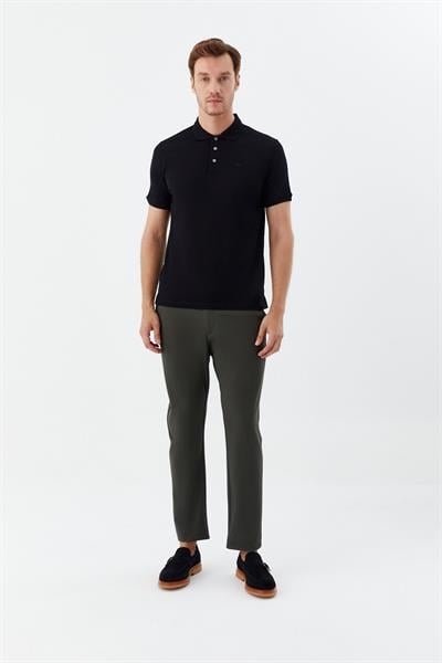 Erkek Siyah Dar Kesim Slim Fit %100 Pamuk Dokuma Düğmeli Polo Yaka T-Shirt