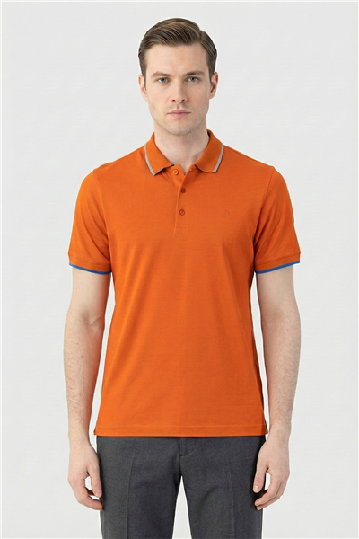 Turuncu Slim Fit %100 Pamuk Düğmeli Polo Yaka Erkek T-Shirt