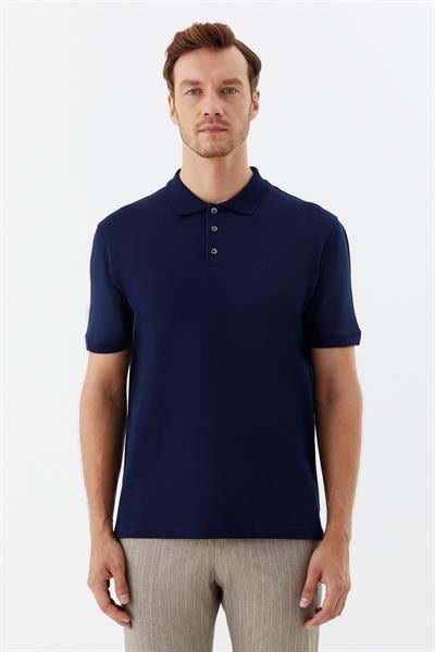 Erkek Lacivert Dar Kesim Slim Fit %100 Pamuk Dokuma Düğmeli Polo Yaka Tişört