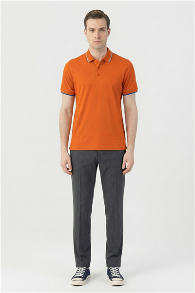 Turuncu Slim Fit %100 Pamuk Düğmeli Polo Yaka Erkek T-Shirt