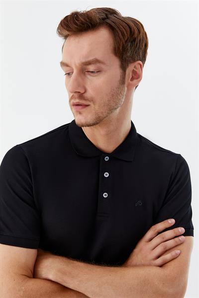 Erkek Siyah Dar Kesim Slim Fit %100 Pamuk Dokuma Düğmeli Polo Yaka T-Shirt