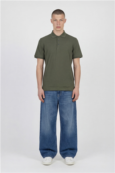Erkek Haki Dar Kesim Slim Fit %100 Pamuk Kısa Kollu Düğmeli Polo Yaka Tişört