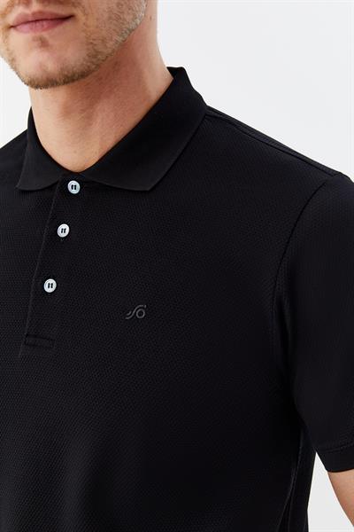 Erkek Siyah Dar Kesim Slim Fit %100 Pamuk Dokuma Düğmeli Polo Yaka T-Shirt