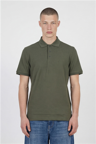 Erkek Haki Dar Kesim Slim Fit %100 Pamuk Kısa Kollu Düğmeli Polo Yaka Tişört