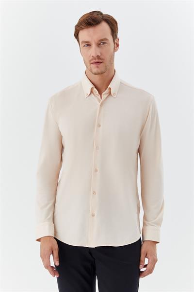 Erkek Krem Slim Fit Düğmeli Yaka Uzun Kollu Gömlek