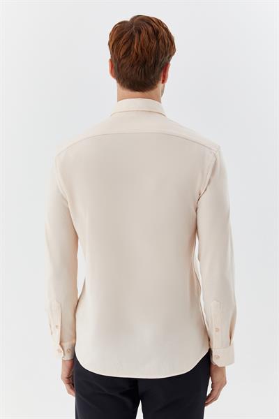 Erkek Krem Slim Fit Düğmeli Yaka Uzun Kollu Gömlek