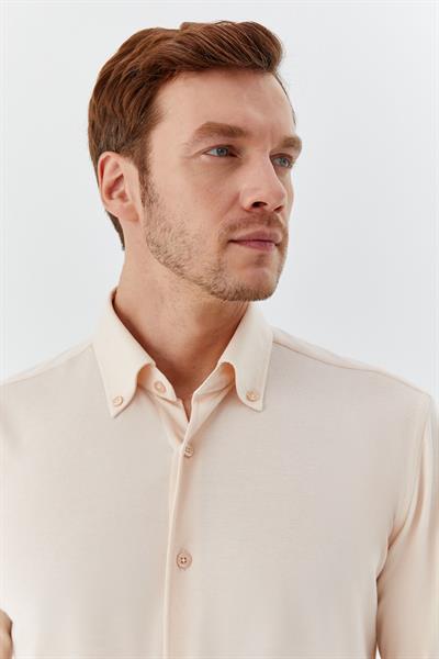 Erkek Krem Slim Fit Düğmeli Yaka Uzun Kollu Gömlek