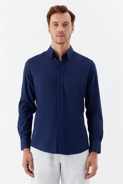 Lacivert Regular Fit Düğmeli Yaka Erkek Gömlek