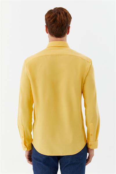 Erkek Sarı Düz Düğmeli Yaka Slim Fit Gömlek