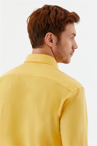 Erkek Sarı Düz Düğmeli Yaka Slim Fit Gömlek