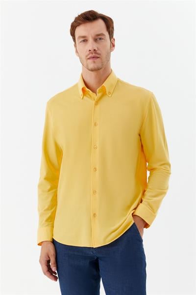 Erkek Sarı Düz Düğmeli Yaka Slim Fit Gömlek