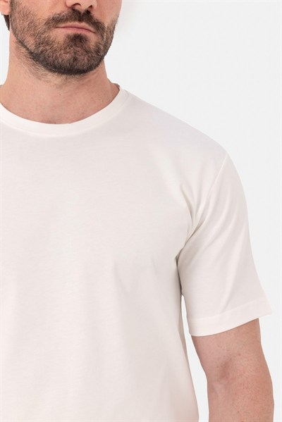 Ekru %100 Pamuk Bisiklet Yaka Düz Renk Basic T-Shirt