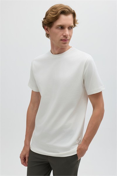 Ekru %100 Pamuk Bisiklet Yaka Düz Renk Basic T-Shirt