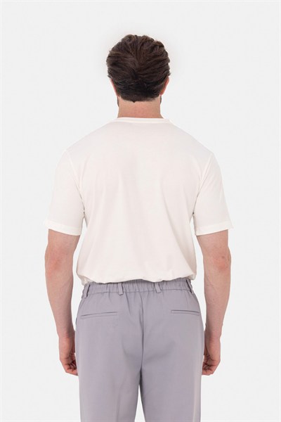 Ekru %100 Pamuk Bisiklet Yaka Düz Renk Basic T-Shirt