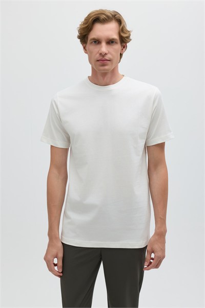 Ekru %100 Pamuk Bisiklet Yaka Düz Renk Basic T-Shirt