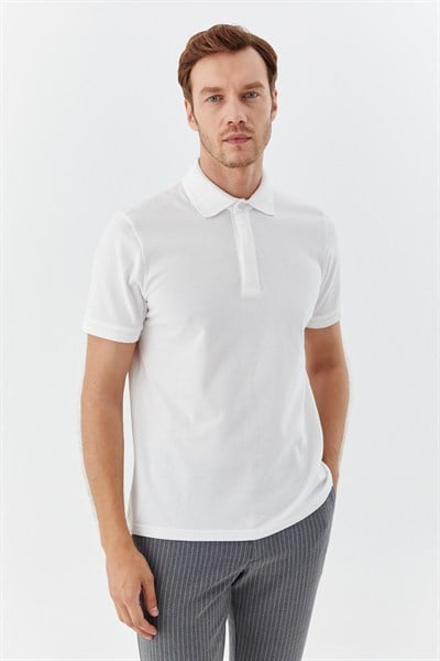 Ekru %100 Pamuk Gizli Fermuarlı Polo Yaka T-shirt 