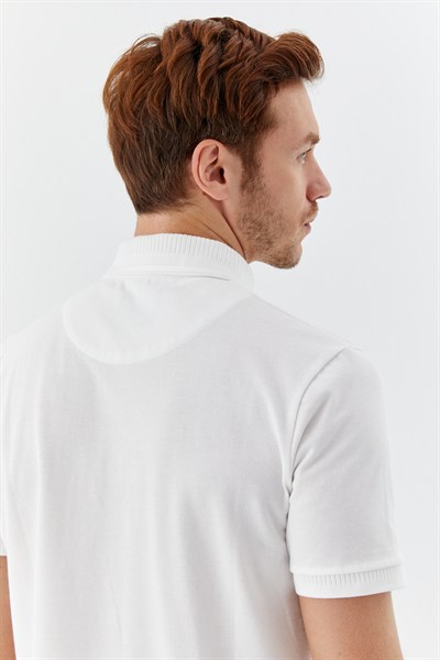Ekru %100 Pamuk Gizli Fermuarlı Polo Yaka T-shirt 