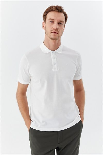 Ekru %100 Pamuk Patlı Polo Yaka  Regular Fit T-Shirt 