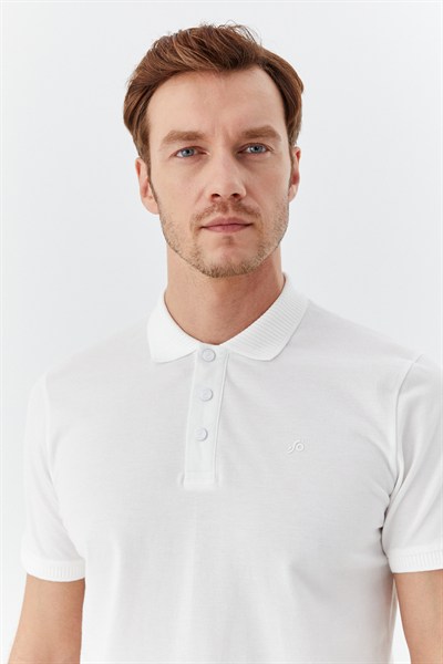 Ekru %100 Pamuk Patlı Polo Yaka  Regular Fit T-Shirt 