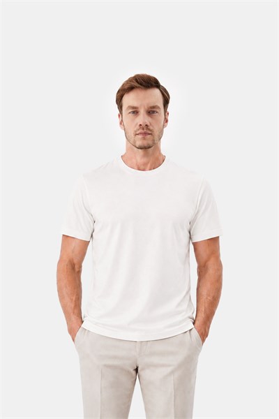 Ekru %100 Pamuk Regular Fit Bisiklet Yaka Basic T-shirt
